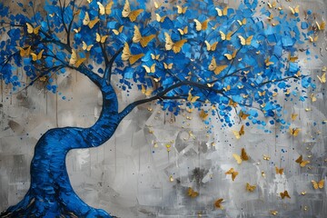 A hand-painted abstract artwork featuring a vivid blue tree with branches sprawling across a canvas, adorned with golden butterflies fluttering around. AI generated