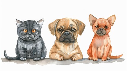 A watercolor painting of a cat and two dogs. The cat is on the left, the pug is in the middle, and the chihuahua is on the right.