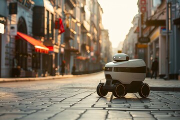 An unmanned delivery robot drives down a city street - obrazy, fototapety, plakaty