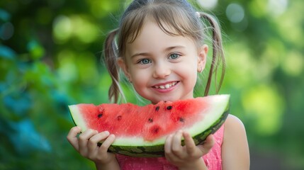 Young girl happily eating watermelon slice