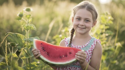 Young child joyfully holding watermelon in an open field