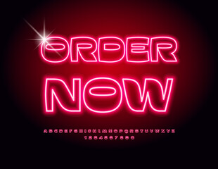 Vector neon poster Order Now. Electric Red Font. Glowing Alphabet Letters and Numbers set.