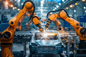 Automated robots weld car bodies on a conveyor line at a car factory