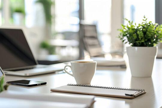A white coffee cup sits on a table next to a laptop and a notebook