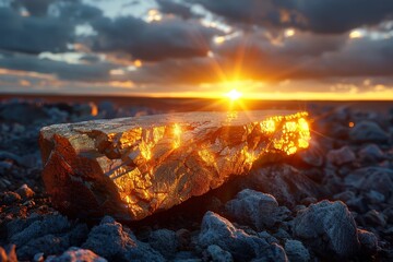 A dramatic and fiery sunset backlighting a glowing golden amber stone on a rocky beach