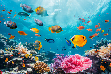 A colorful fish swims in a coral reef