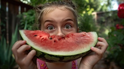 A young girl joyfully holds a slice of watermelon up to her face