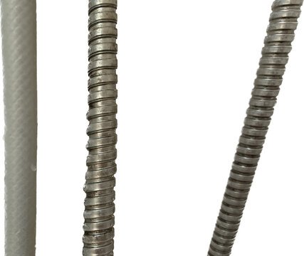 water tap, Shower head and hose isolated on white background, closeup of photo, The shower hose is made from threaded stainless steel.