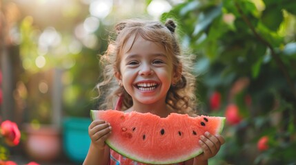 Young girl enjoying a juicy watermelon - Powered by Adobe