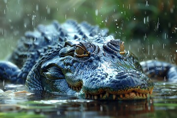 Fototapeta premium A realistic portrayal of a crocodile half-submerged in water under rain, emphasizing its textured scales