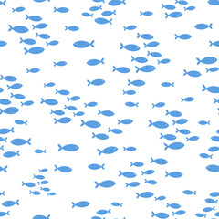 Seamless vector repeat pattern with tiny blue fish schools groups swimming on white background. Coastal, swim, poolside, tropical backdrop with ditsy blue fish