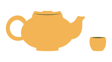 Teapot with teacup flat hand drawn illustration. Dragon Boat Festival, Mid Autumn Festival, traditional holiday clip art, card, banner, poster element. Asian style design, isolated vector.