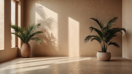 A room with a potted palm tree. Aesthetic interior of luxurious summer architecture. Boho home room for product platform scene mockup.