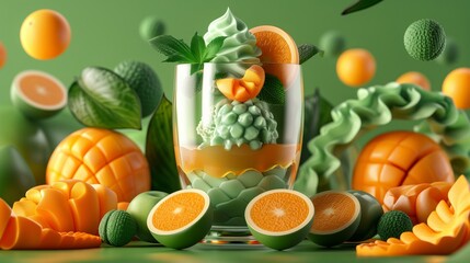 Creative and colorful ice cream dessert in a clear glass, adorned with fresh fruit and mint leaves, set against a vibrant green backdrop, perfect for summer refreshment themes