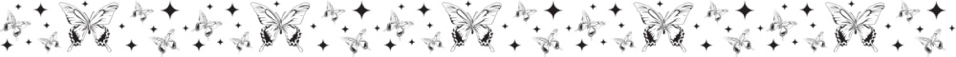Hand drawn butterfly line border on transparent background.
