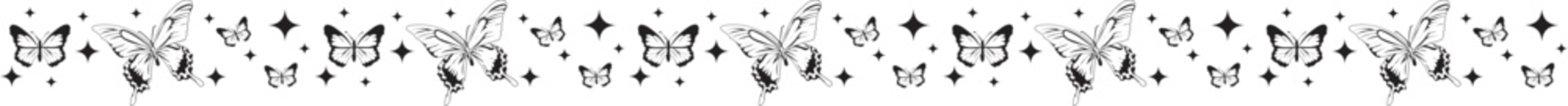 Hand drawn butterfly line border on transparent background.

