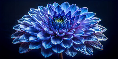 Striking image features a close-up view of a vivid blue chrysanthemum bloom against a dark backdrop, perfect for design projects and floral themes. Raindrops on the petals.