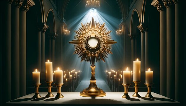 Corpus christi background with a golden sunburst monstrance in the church.