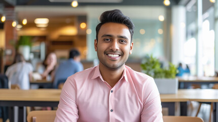 Fototapeta premium Smiling face of corporate employee on blur office background