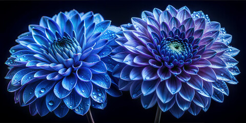 Spectacular close-up image of two bright blue chrysanthemum flowers on a dark background. Perfect for design projects and floral themes. Raindrops on the petals.