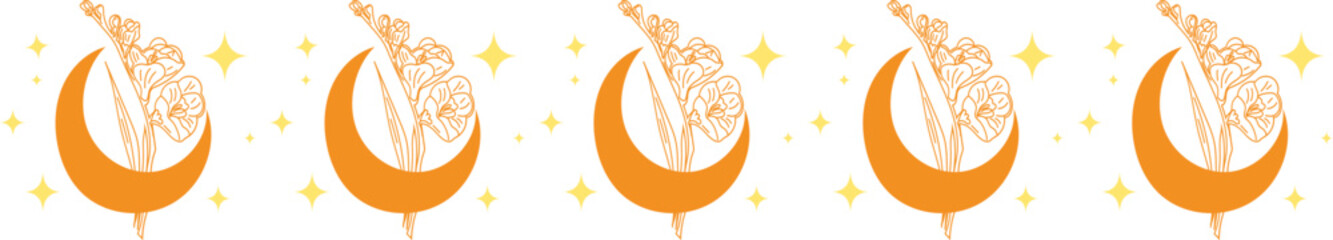 Beautiful moon doodle line border illustration on transparent background.	
