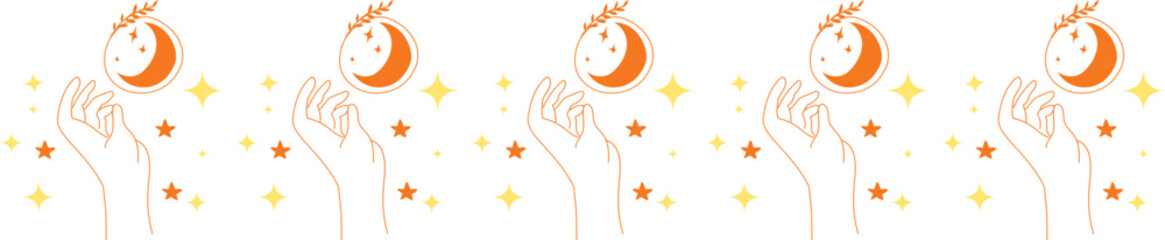 Hand with moon line border illustration on transparent background.

