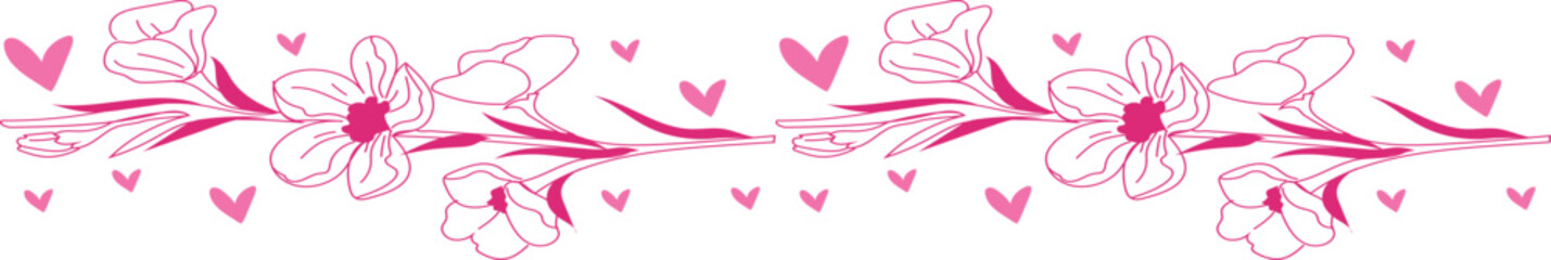 Pink flower line border on transparent background.
