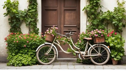 Old bicycle with flowers in front of a door vegetated with ivy isolated on white