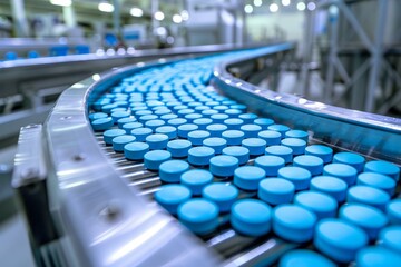 Blue pills ride on a conveyor belt at a pharmaceutical factory