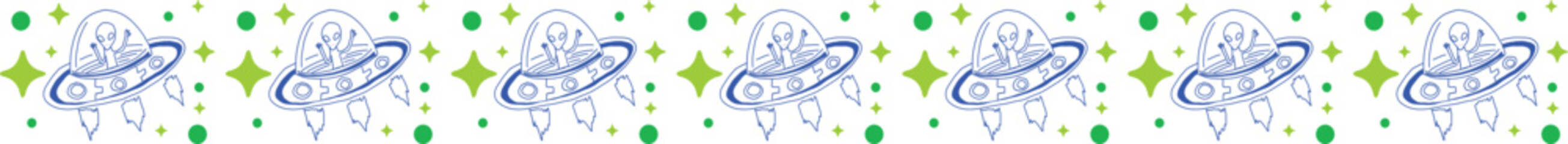UFO line border illustration on transparent background.
