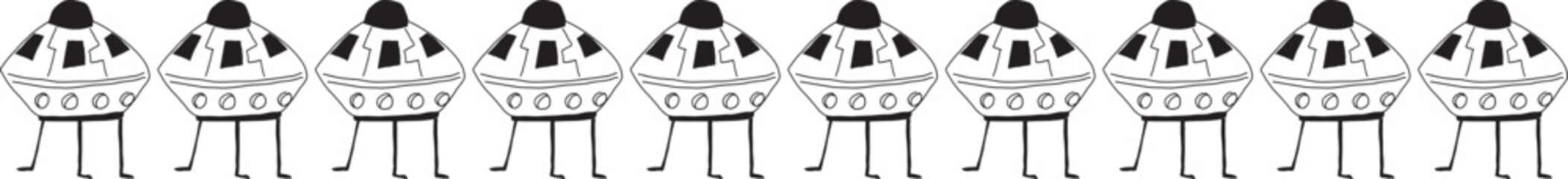 UFO line border illustration on transparent background.
