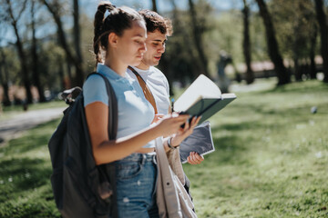 Group of young students with books studying together outdoors in an urban park on a sunny day,...