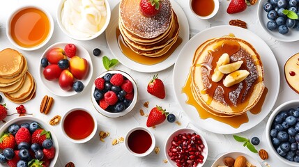 Wholesome breakfast spread featuring pancakes, fruits, and syrup, arranged attractively on a white surface.
