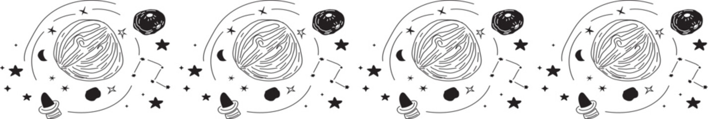 Hand drawn planet line border on transparent background.
