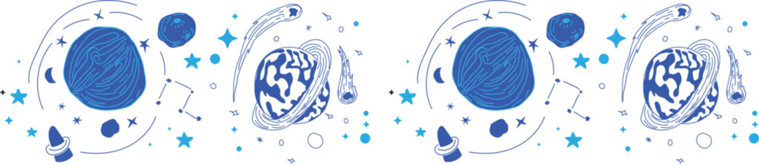 Blue planet line border on transparent background.
