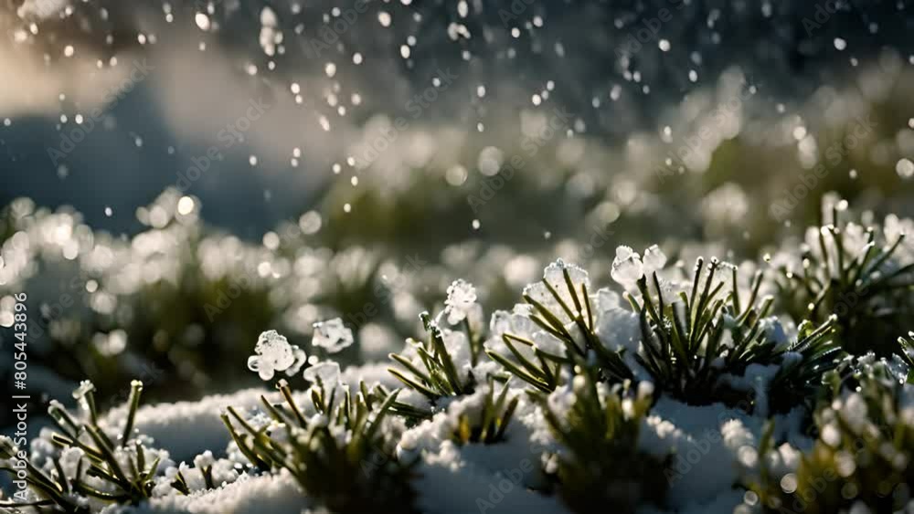 Poster snow covered pine tree close up generative ai