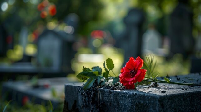 red flower on top of a tombstone in a cemetery