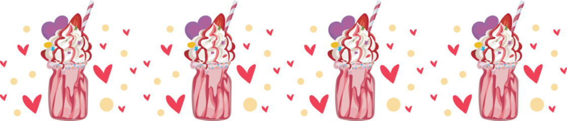 Strawberry milkshake line border on transparent background.

