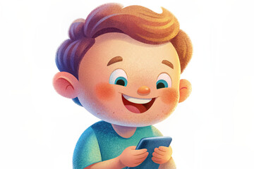 A cheerful cartoon boy excitedly looks at his smartphone, immersed in gaming and digital entertainment. His bright, playful expression and colorful illustration create a charming and fun atmosphere
