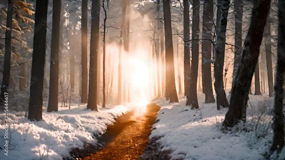 Aufkleber sun shining through trees in snowy forest generative ai