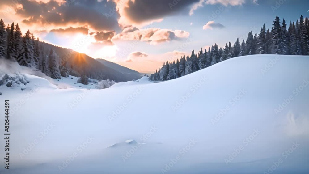 Poster snow covered trees surrounding lake under cloudy sky generative ai