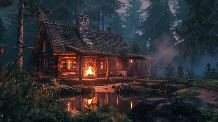 Cozy and warm cabin with a fireplace in the forest