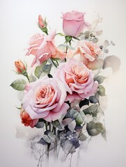 Delicate watercolor of a rose bouquet, soft pastels against a stark white canvas, highlighting beauty and courage ,  high-detail texture