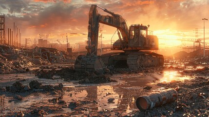 A construction site with an excavator at sunset