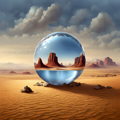 The concept image with the theme of water droplets in the background of the desert,, Waterdrop concept image, concept art