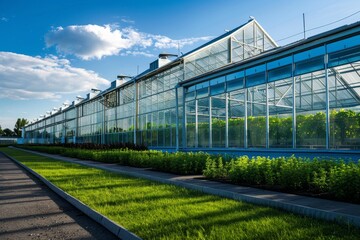 Glass greenhouse with green plants growing in it, outside view