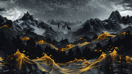 Fototapeta premium A strikingly detailed 3D wallpaper scene, portraying dark, formidable mountains under a star-lit gray sky, with deer silhouettes adding life to the scene, shadowy trees,
