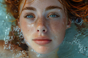 Young red-haired woman with very white skin in pool