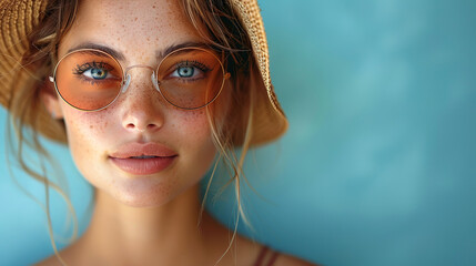 Portrait of a young beautiful woman in sunglasses, wearing a beach hat on a blue background.