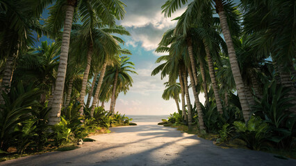 Tropical paradise island, turquoise waters white sandy beaches, and lush green palm trees, summer travel destination, luxurious beachside vacation